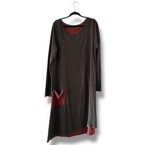 Lisa Bayne Black & Red Striped Lagenlook Asymmetrical Long Sleeve Dress Size XL